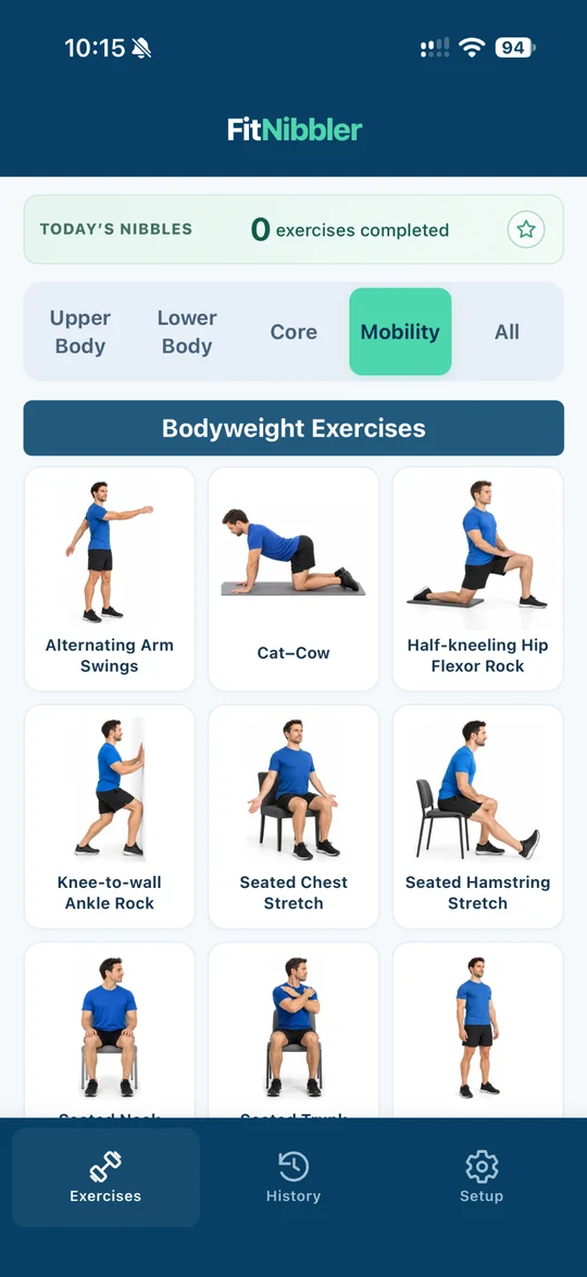 Mobility exercises including alternating arm swings, cat-cow and seated stretches