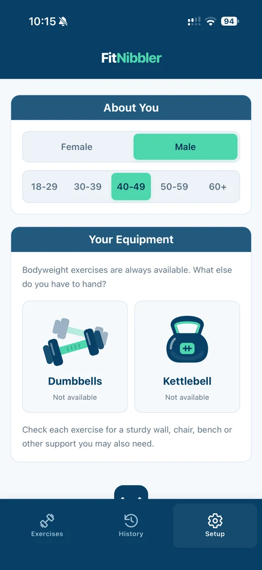 Setup showing male and female illustration choices, five age ranges and equipment selection